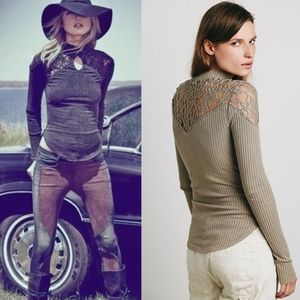 Free People | RARE Prudence Ribbed Lace Long Sleeve Top Size XS Mocha